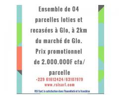 ENSEMBLE DE 04 PARCELLES LOTIES ET RECASÉES A GLO, 2KM DU MARCHE DE GLO
